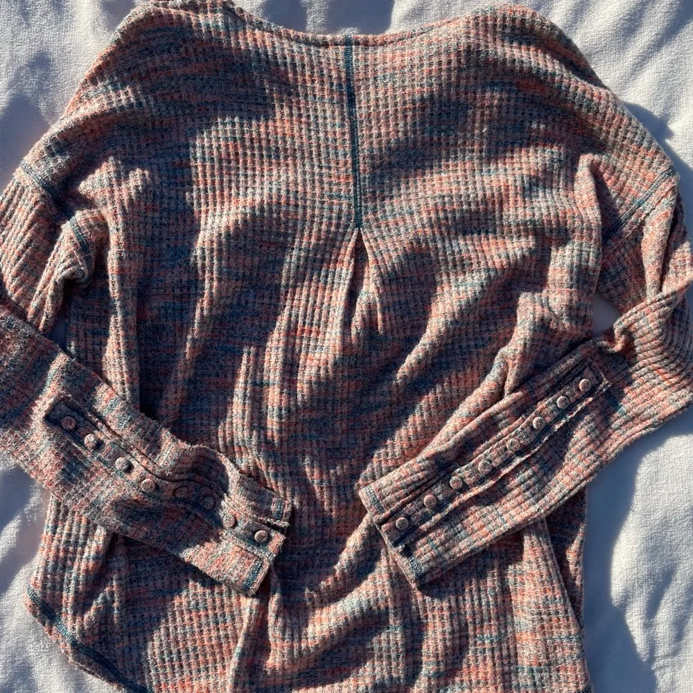 Free People Waffle Brushed Knit Sweater Orange and Teal Blue with Button Sleeves